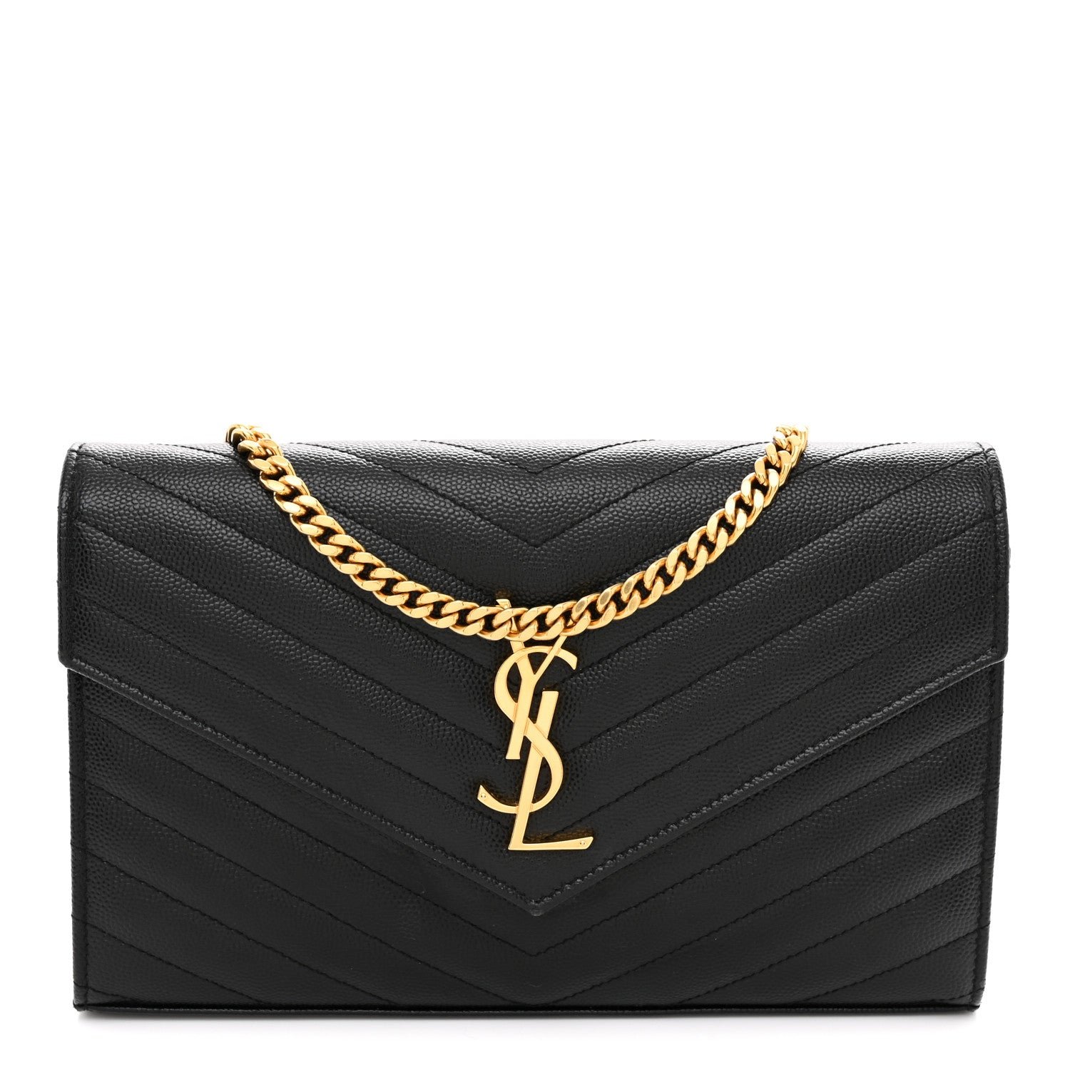 Saint Laurent Grain De Poudre Matelasse Chevron Monogram Chain Wallet Black