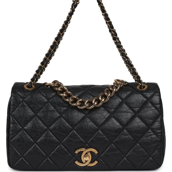 Pre-owned Chanel Medium "Paris-Bombay" Pondicherry Flap Bag Black Aged Calfskin Antique Gold Hardware