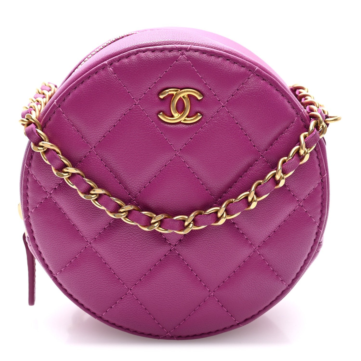 Chanel Lambskin Quilted Round Pearl Crush Clutch With Chain Purple