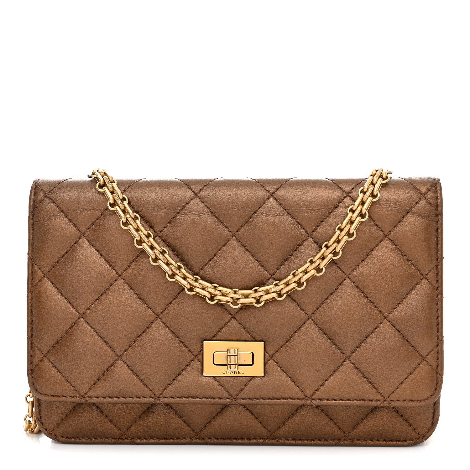 Chanel Metallic Calfskin Quilted 2.55 Reissue Wallet On Chain WOC Bronze