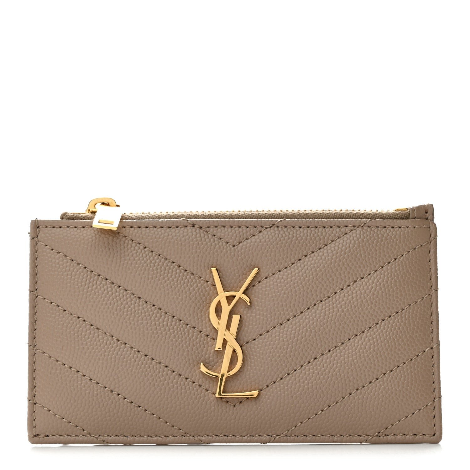 Saint Laurent Monogram Grain de Poudre 5 Fragments Zip Pouch Card Holder Dark Beige