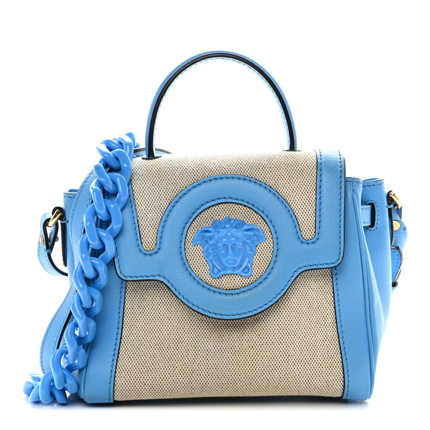 Versace Versace Grained Calfskin Canvas Small La Medusa Chain Top Handle Handbag Rope Blue
