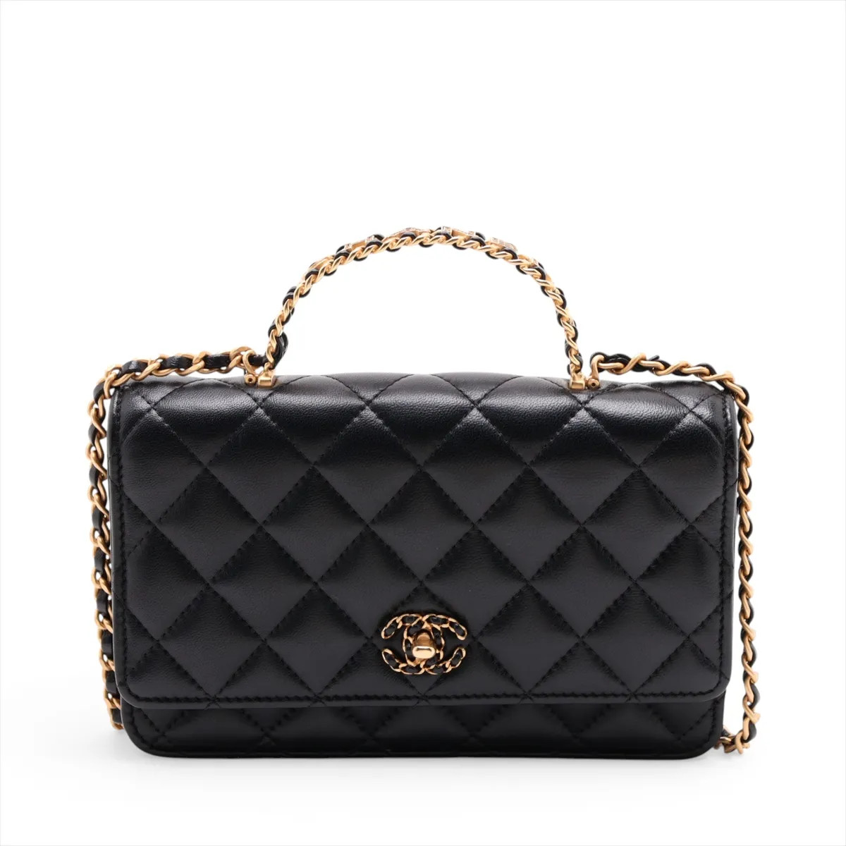 Chanel Matelasse Lambskin Chain Wallet Black Gold Metal Fittings random plate
