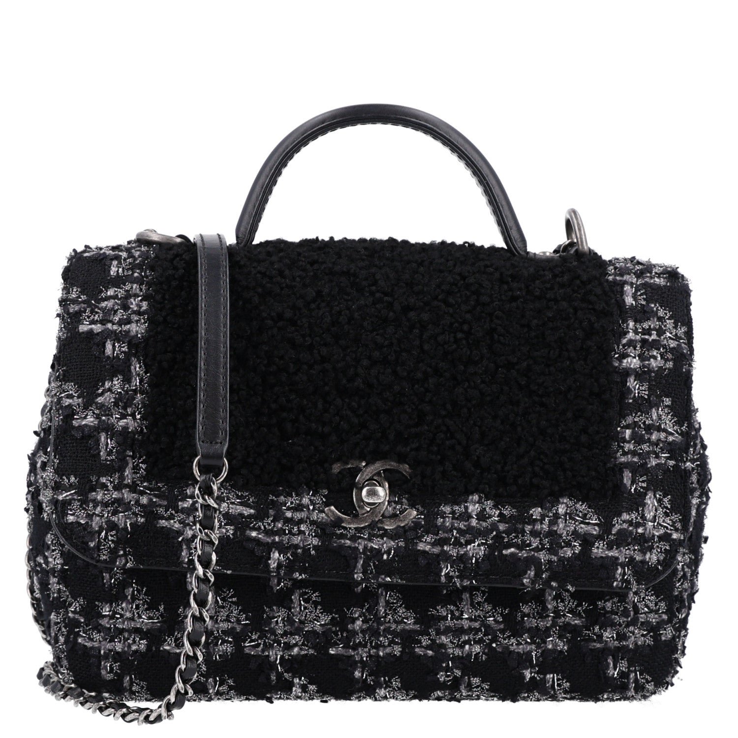 Chanel Shearling Tweed Medium Handle Boy Flap Black Grey