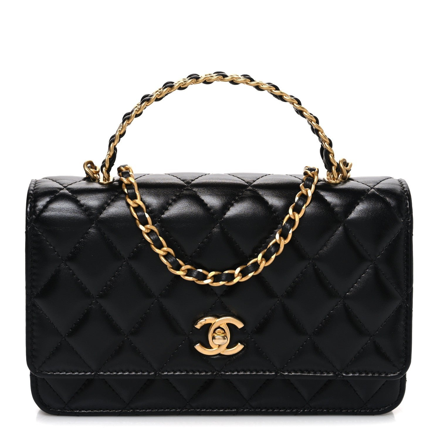 Chanel Shiny Calfskin Quilted Metal Top Handle Wallet On Chain WOC Black