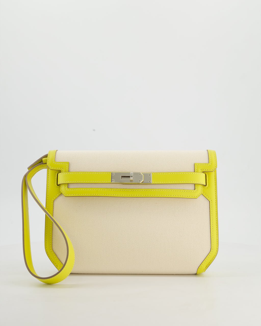 Hermes Hermès Kelly Depeches 25 Verso Bag in Ecru Canvas and Jaune Citron Chèvre with Palladium Hardware