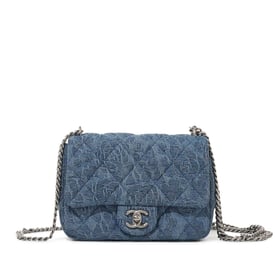 Chanel Blue Quilted Denim Camellia Heart Crush Mini Flap Bag Brushed Silver Hardware