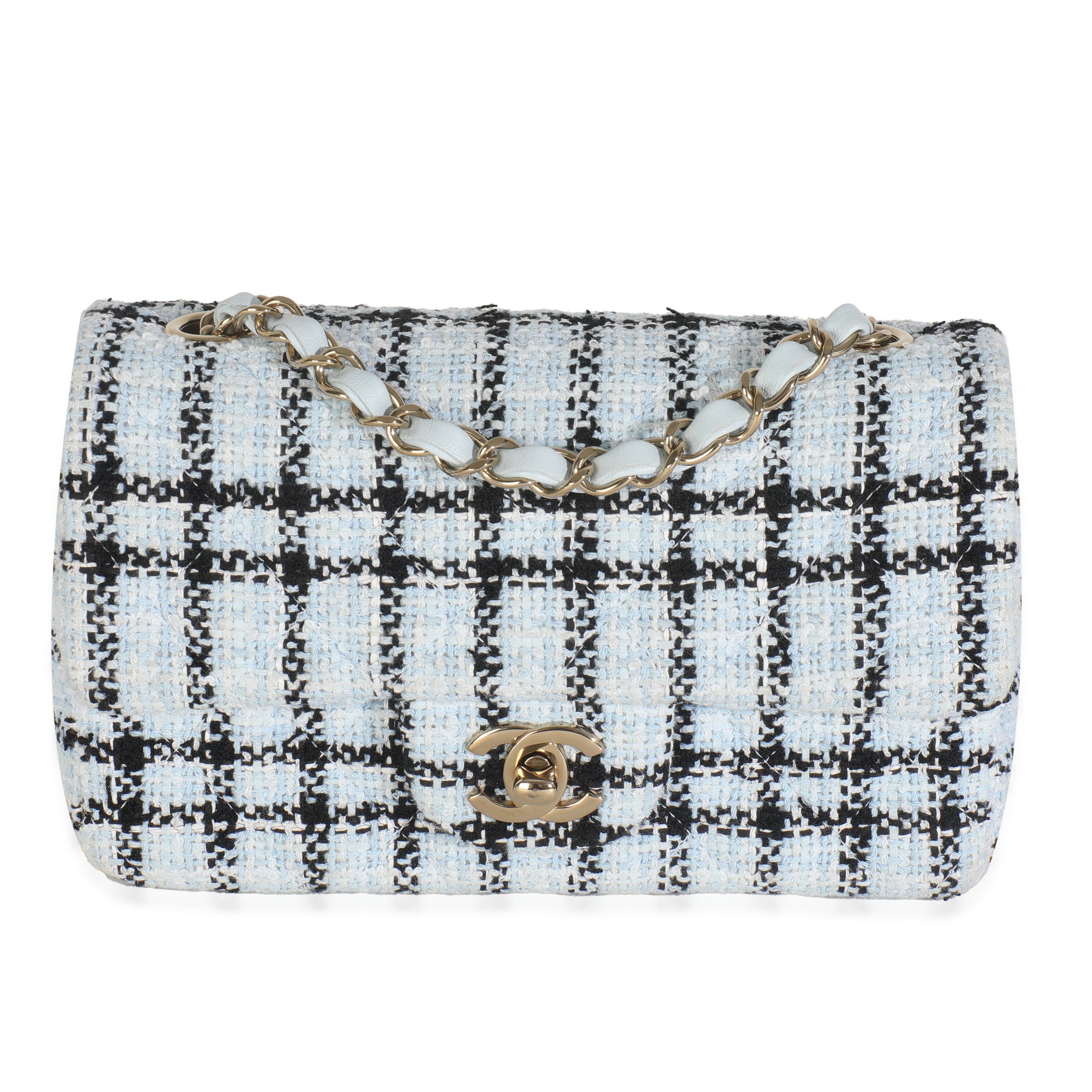 Chanel Blue White Tweed Quilted Mini Rectangular Flap Bag