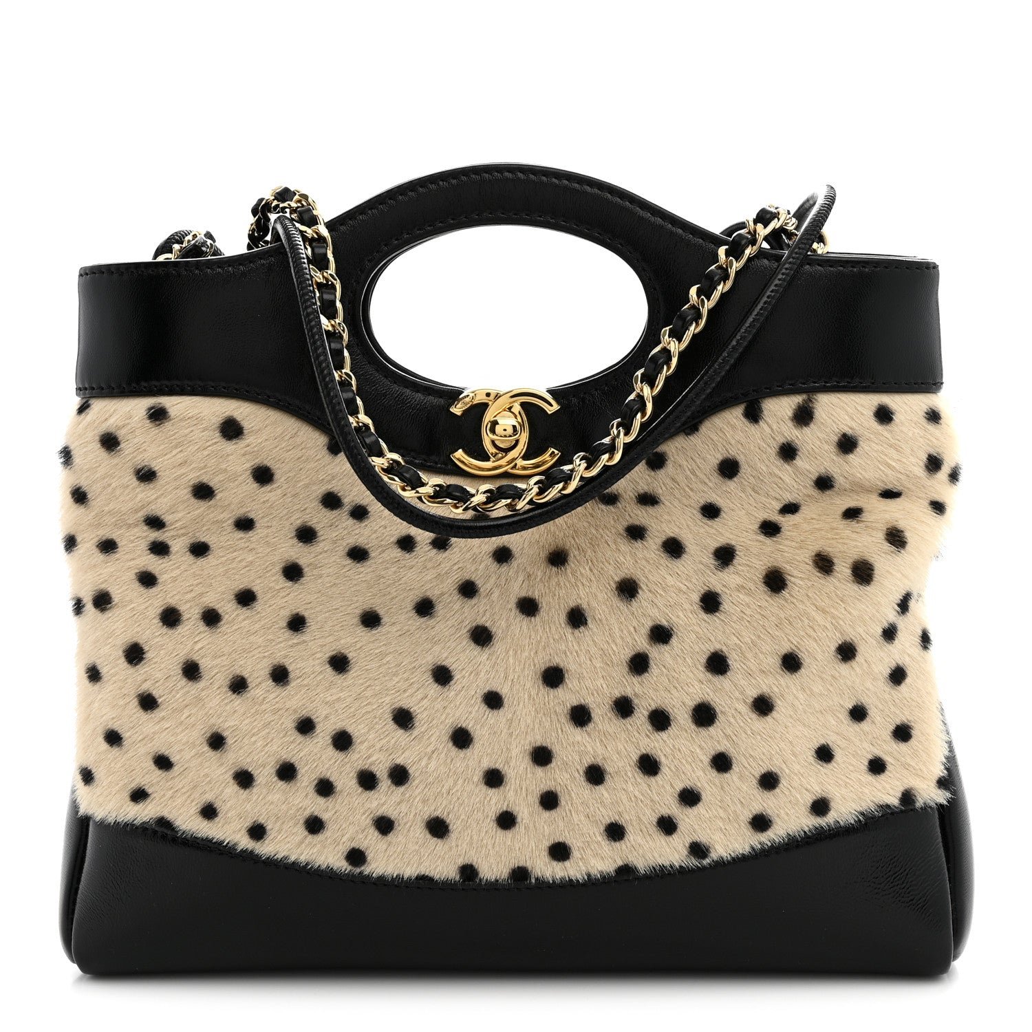 Chanel Shiny Lambskin Pony Hair Cheetah Printed Mini 31 Shopping Bag Light Beige Black