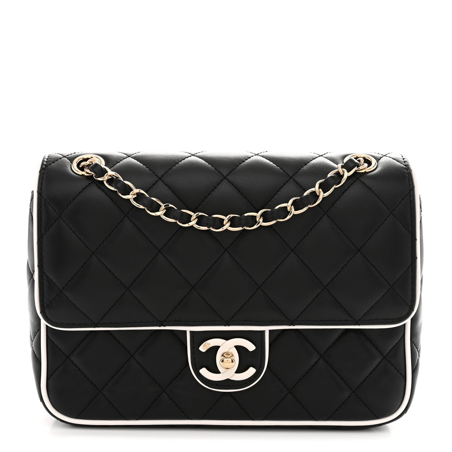 Lambskin Quilted Resin Graphic Frame Flap Bag Black White