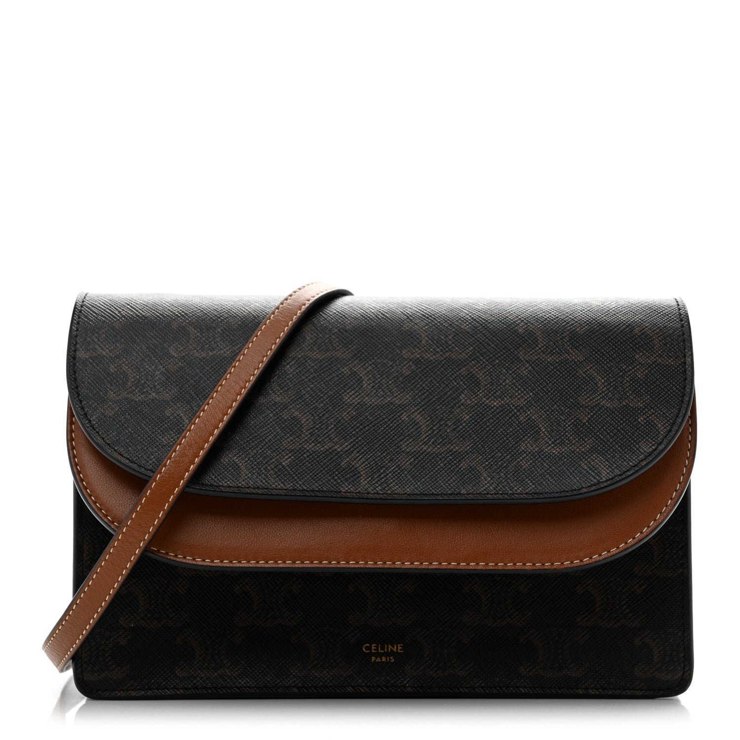 Celine Triomphe Canvas Lambskin Wallet On Strap Tan
