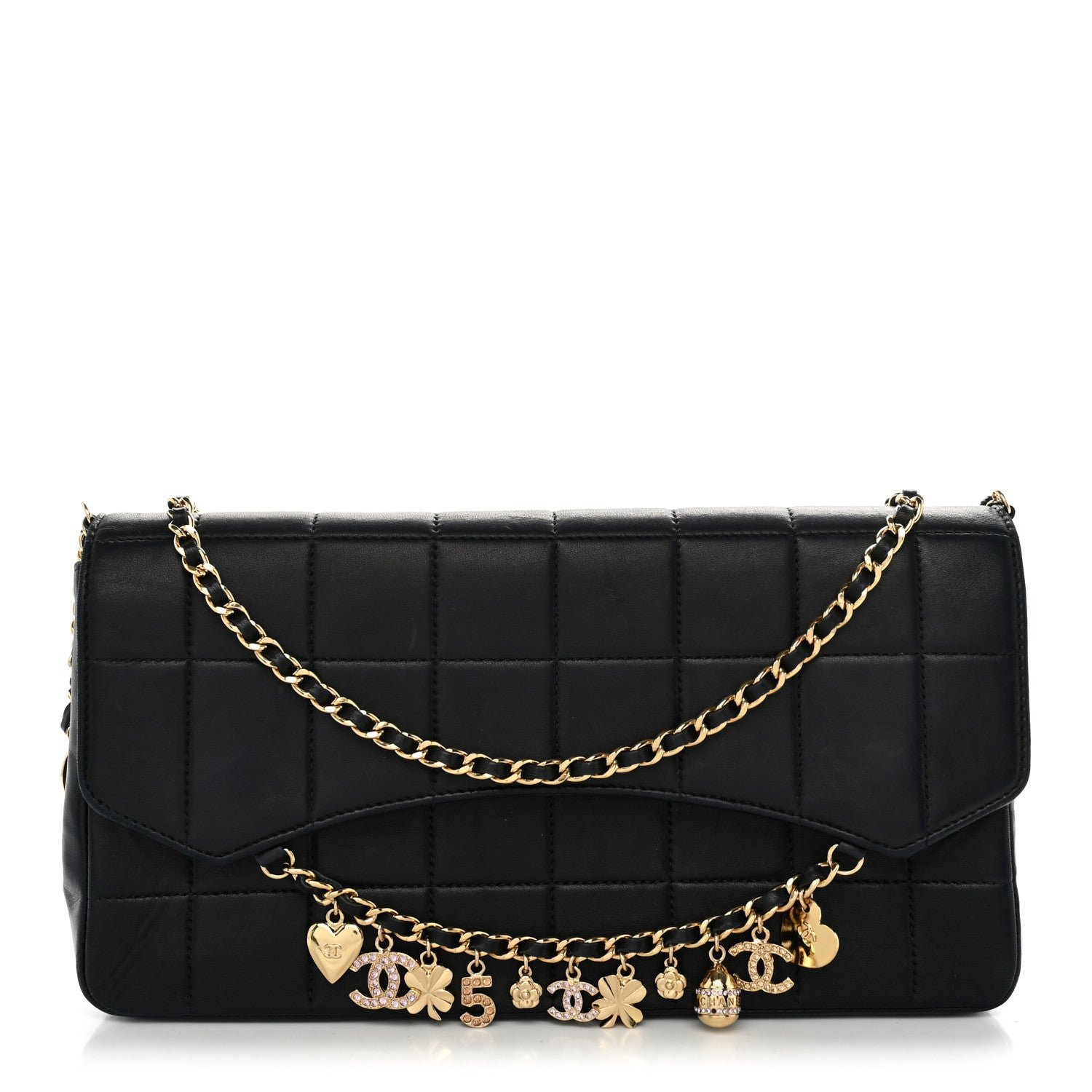 Chanel Lambskin Quilted Crystal Chocolate Bar Charm Flap Black