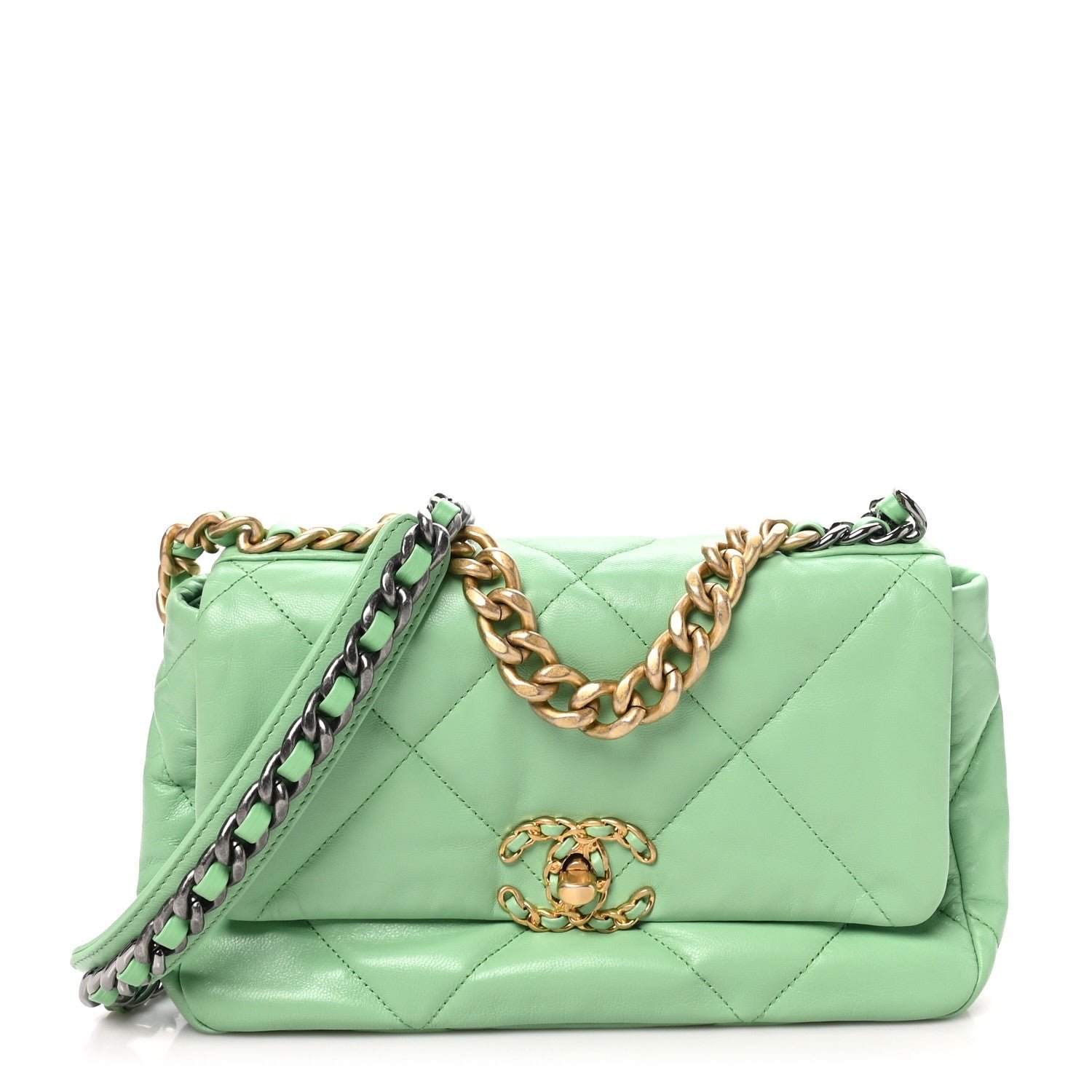Chanel Goatskin Quilted Medium Chanel 19 Flap Light Green