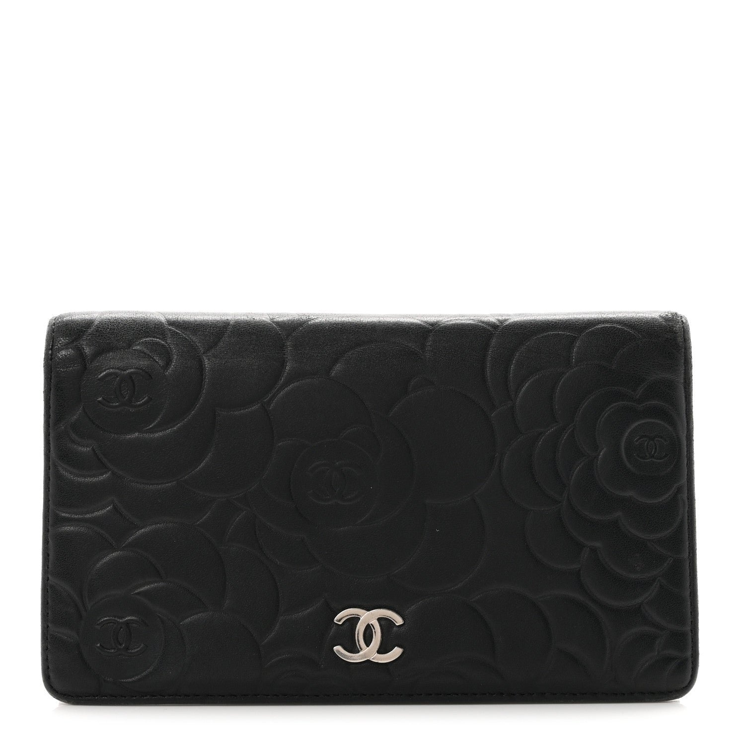 Chanel Lambskin Camellia Embossed Yen Wallet Black
