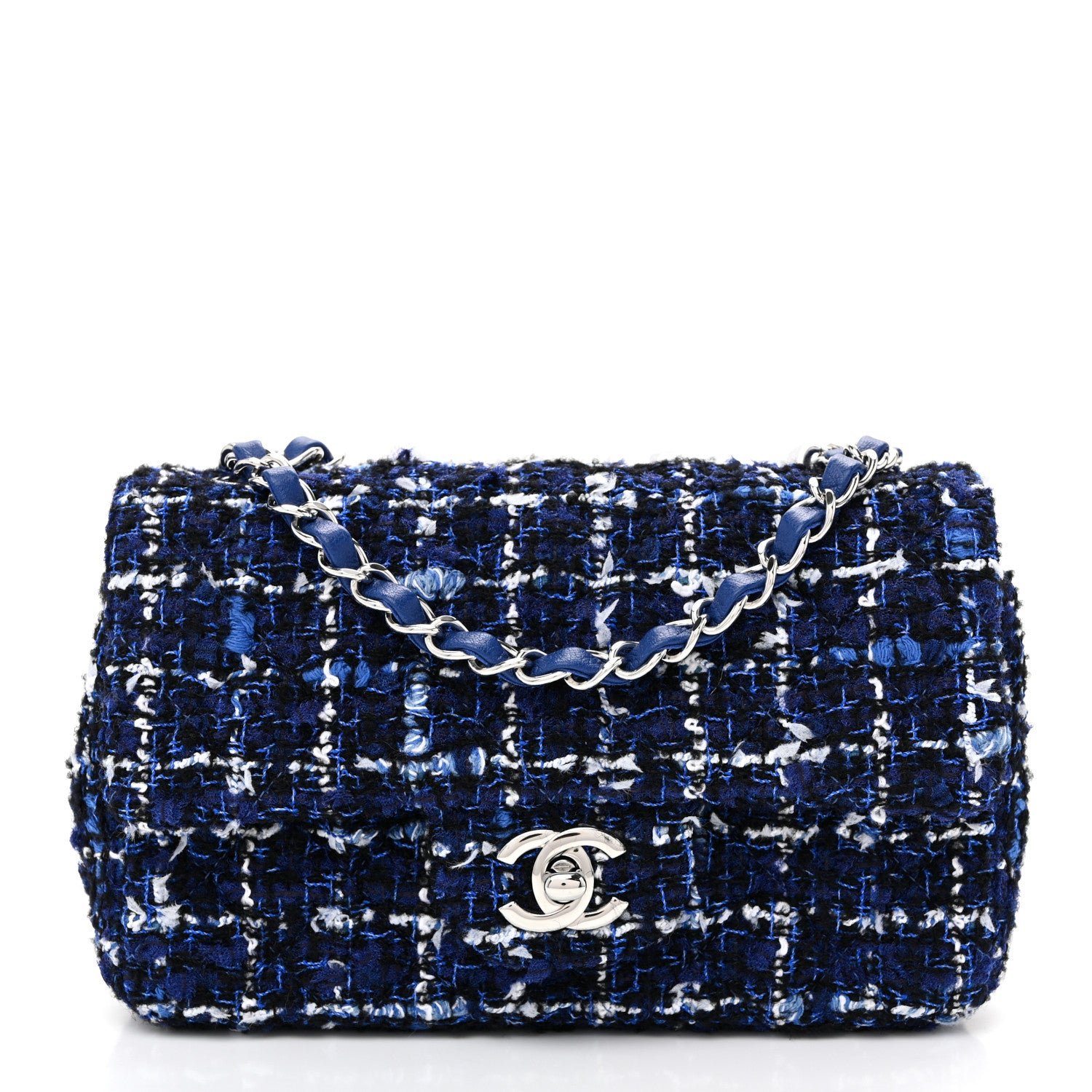 Chanel Tweed Quilted Mini Rectangular Flap Navy Blue Ecru