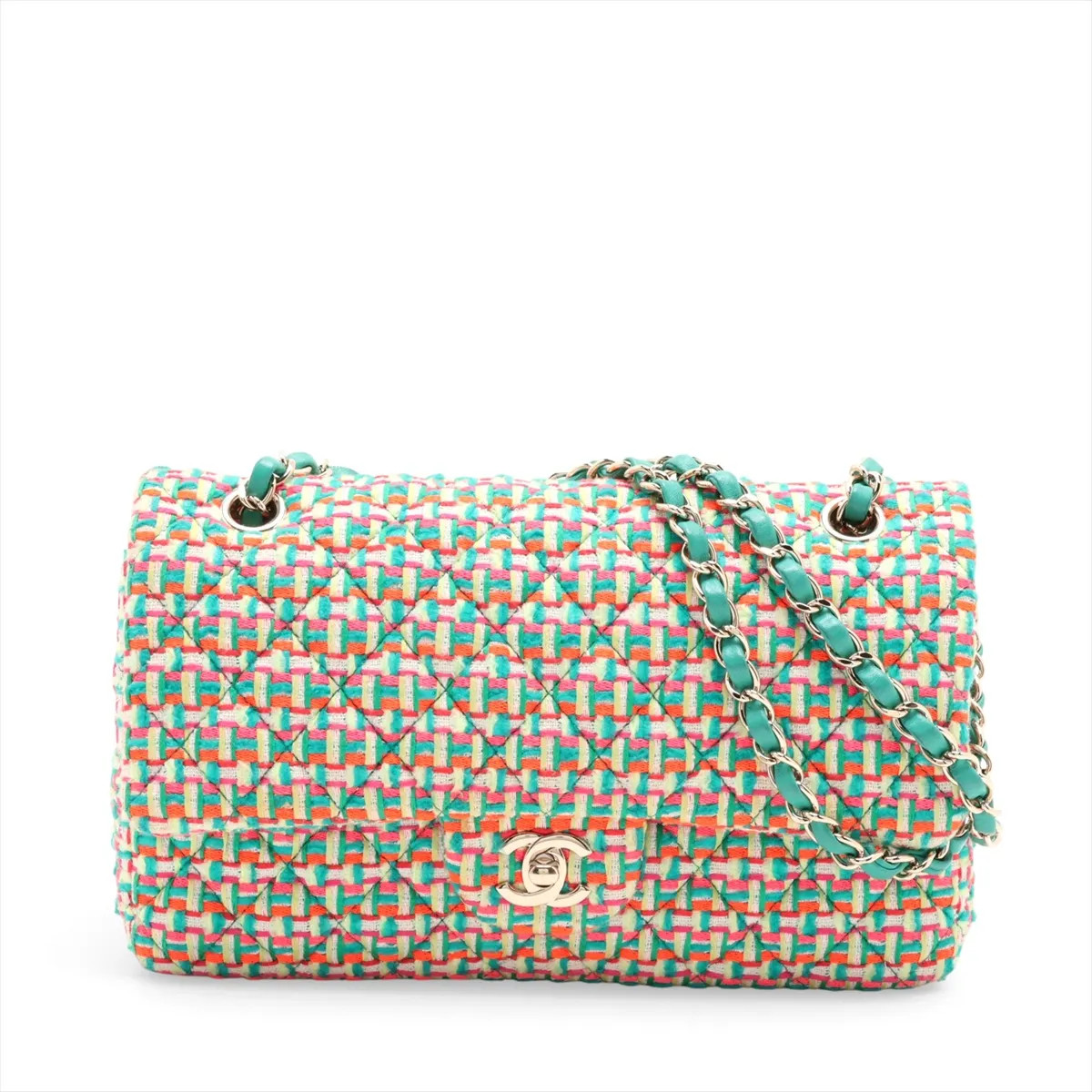 Chanel Matelasse 25 Tweed Double Flap Double Chain Bag Multicolor Gold Metal Fit