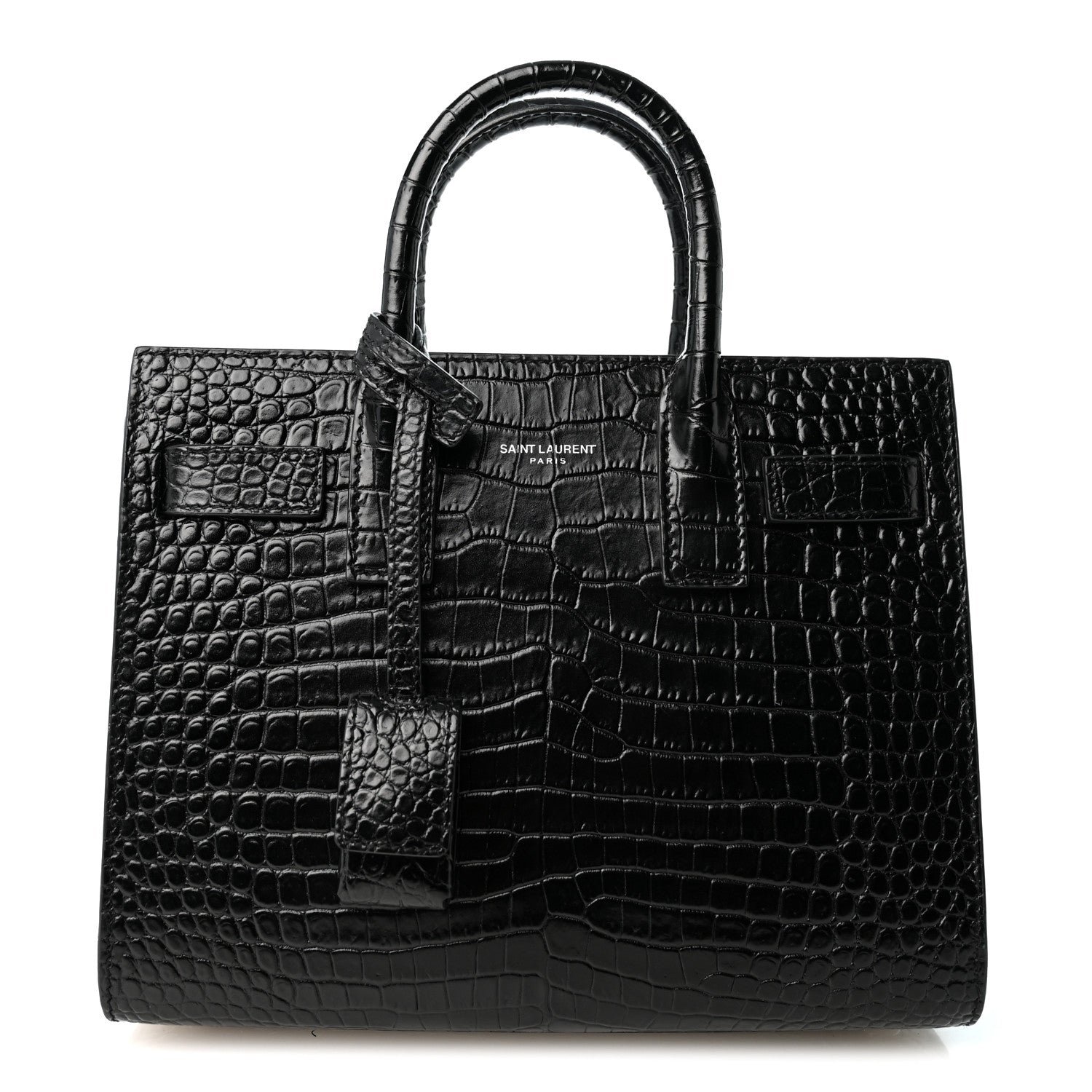 Saint Laurent Calfskin Crocodile Embossed Nano Sac De Jour Black
