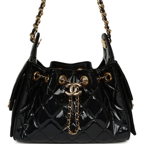 Chanel Mini 25 Hobo Bag Black Patent Lambskin Gold Hardware