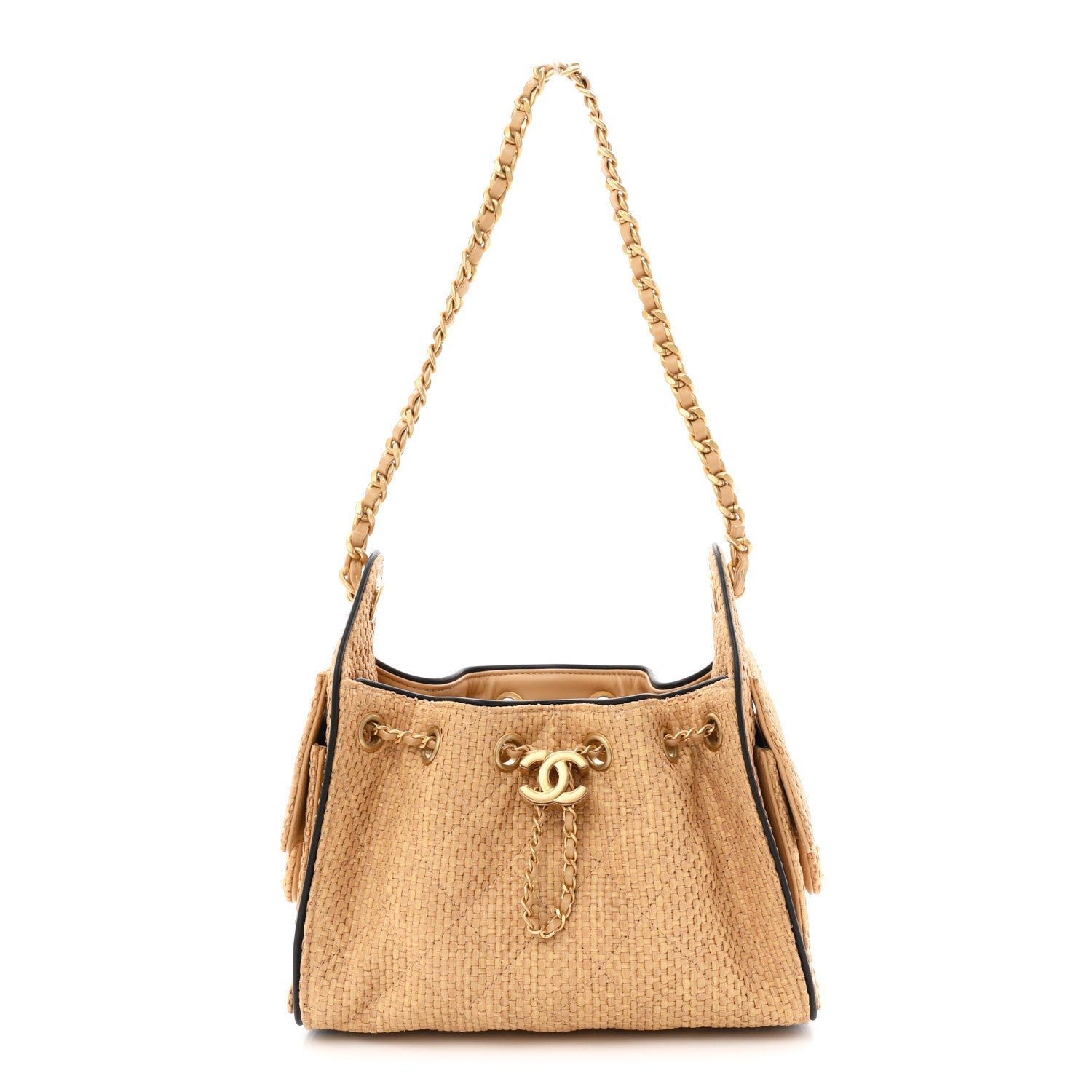 Chanel Braided Raffia Calfskin Quilted Mini Chanel 25 Handbag Beige Black