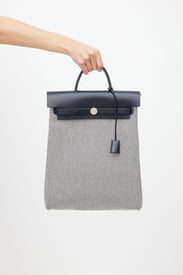 Hermes Navy & White Canvas Herbag PM Leather Backpack