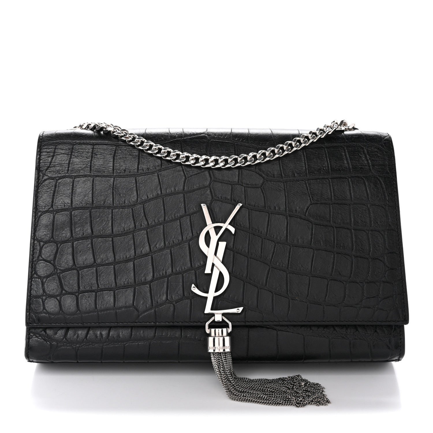 Saint Laurent Calfskin Crocodile Embossed Medium Classic Monogram Kate Tassel Satchel Black