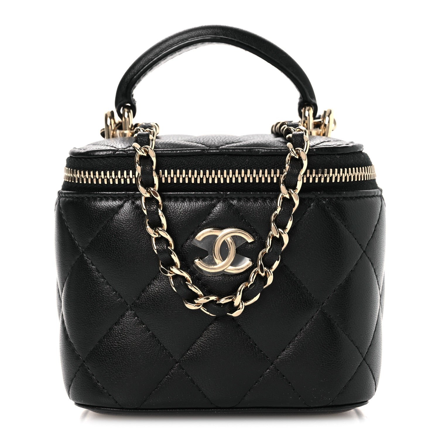 Chanel Lambskin Quilted Top Handle Mini Vanity Case With Chain Black