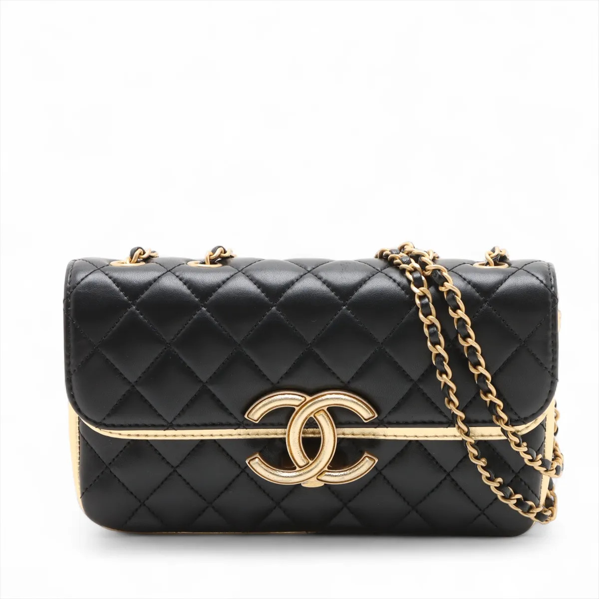 Chanel Matelasse Lambskin Double Flap Double Chain Bag Black×Gold Gold Metal Fit
