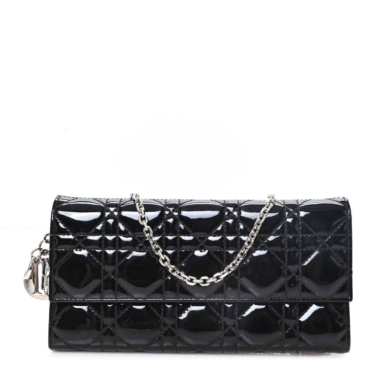 Christian Dior Patent Cannage Lady Dior Rendezvous Wallet On Chain Black