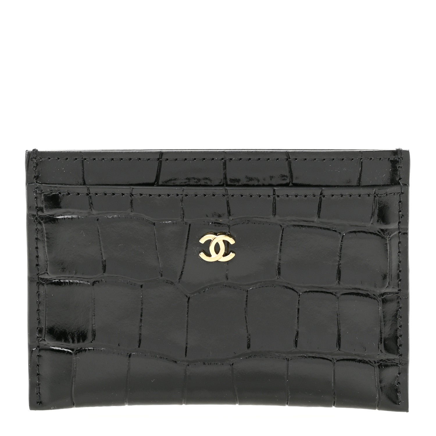 Chanel Calfskin Crocodile Embossed Crococo Card Holder Black