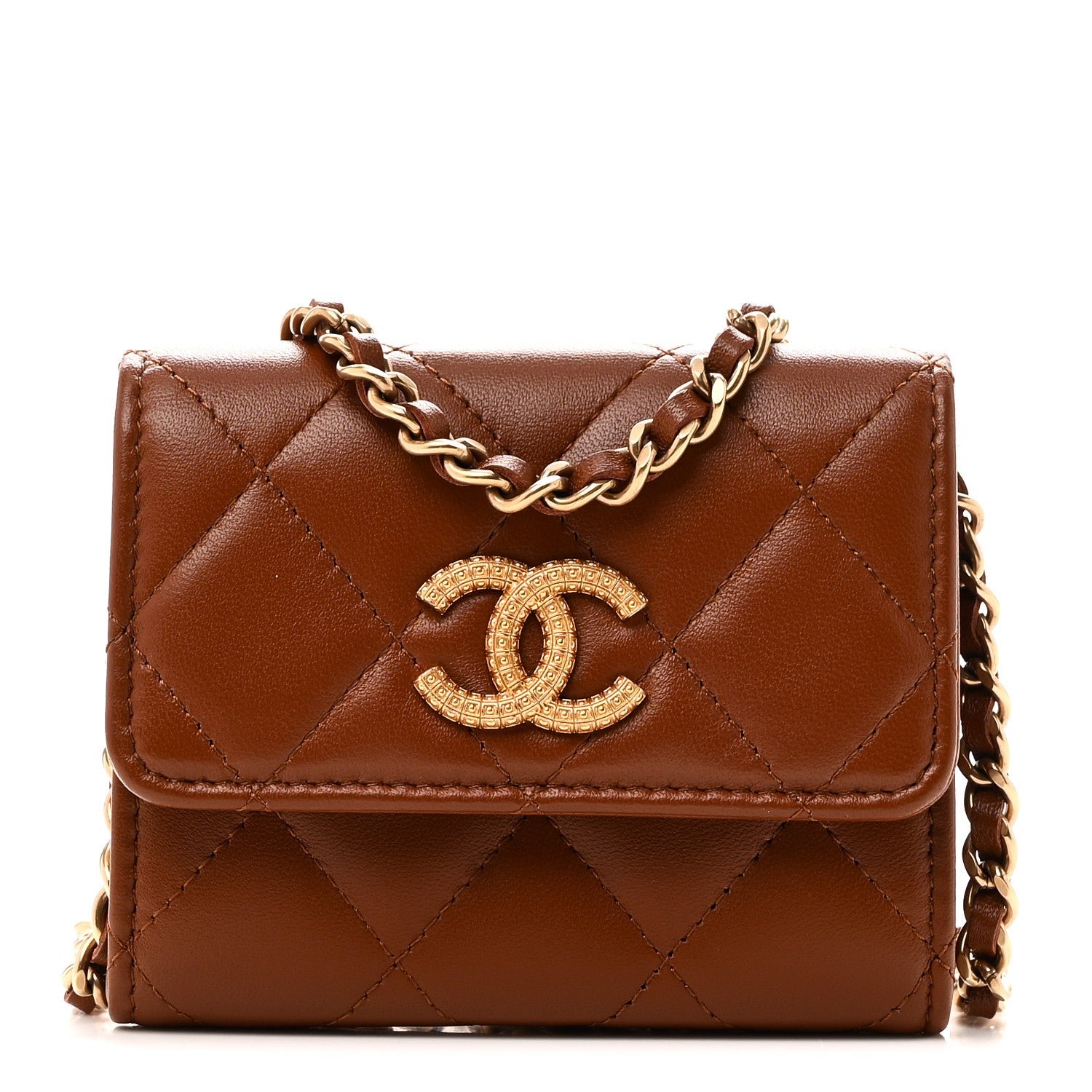 Chanel Lambskin Quilted Studded CC Clutch With Chain Brown