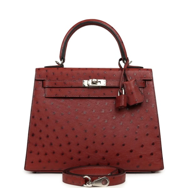 Hermes Kelly Sellier 25 Rouge H Ostrich Palladium Hardware