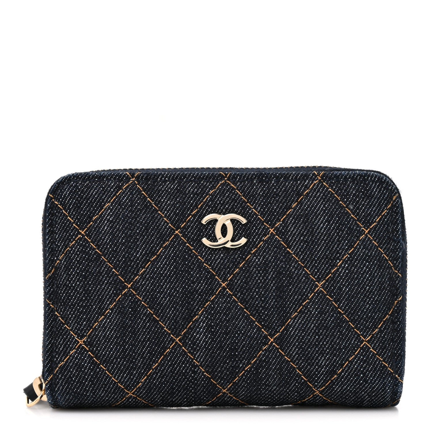 Chanel Denim Quilted Zip Coin Purse Dark Blue Orange
