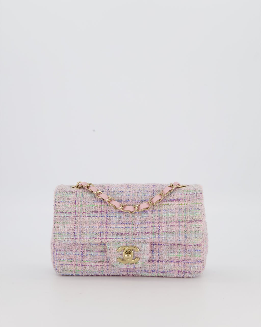Chanel Lilac, Blue and Green Tweed Mini Rectangular Single Flap Bag with Gold Hardware
