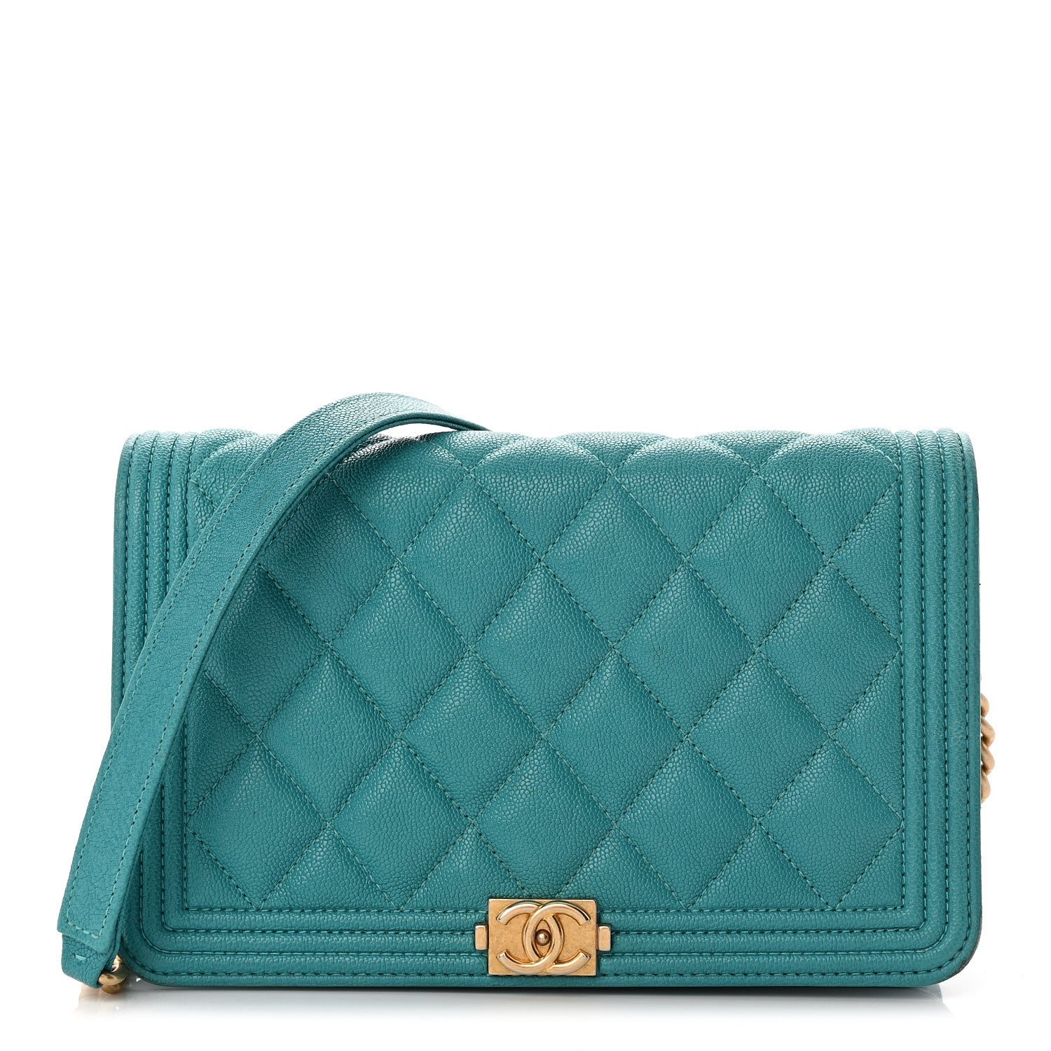 Chanel Caviar Quilted Boy Wallet On Chain WOC Light Blue