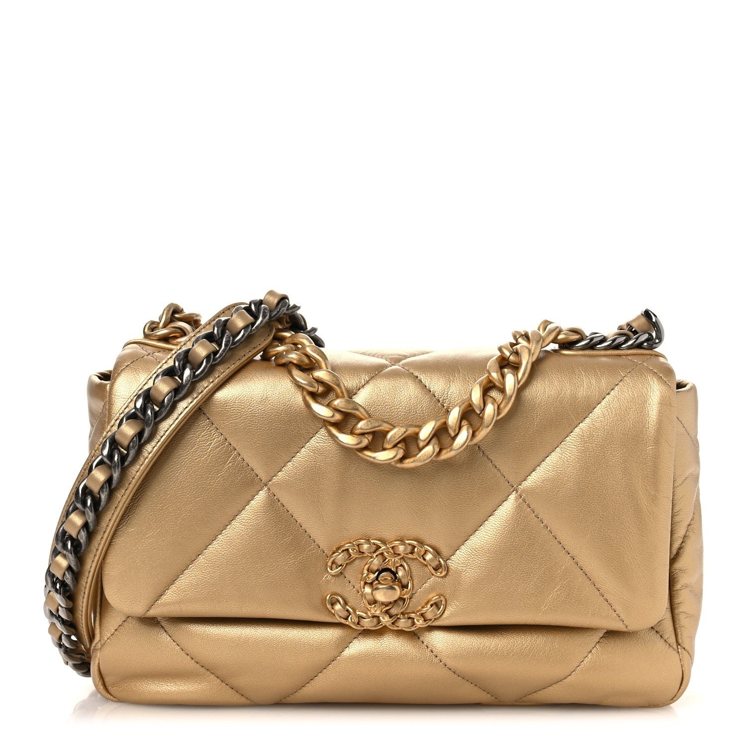 Chanel Metallic Goatskin Quilted Medium Chanel 19 Flap Gold