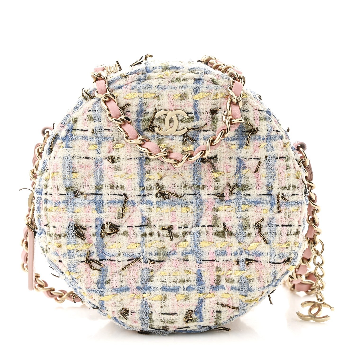 Chanel Tweed Quilted Round Clutch With Chain White Pink Multicolor