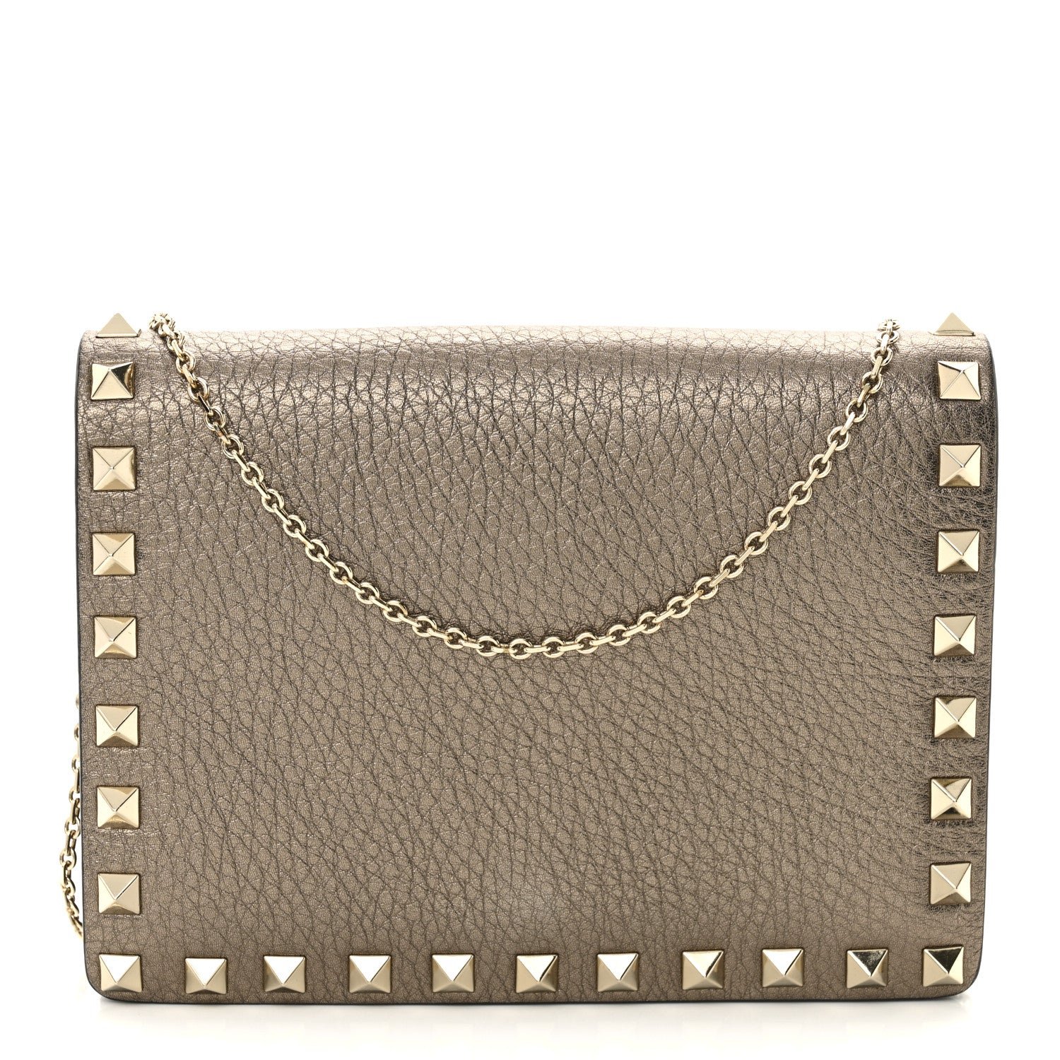 Valentino Garavani Metallic Pebbled Calfskin Rockstud Wallet on Chain Sasso