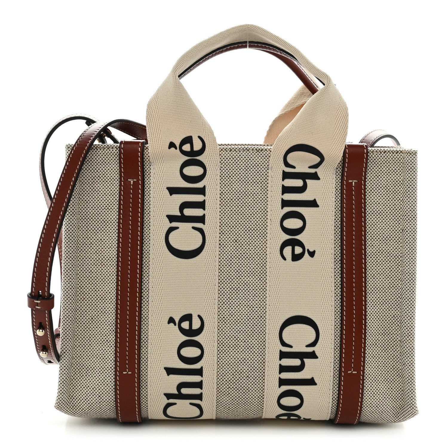 Chloe Cotton Calfskin Small Woody Ribbon Tote With Strap White Brown