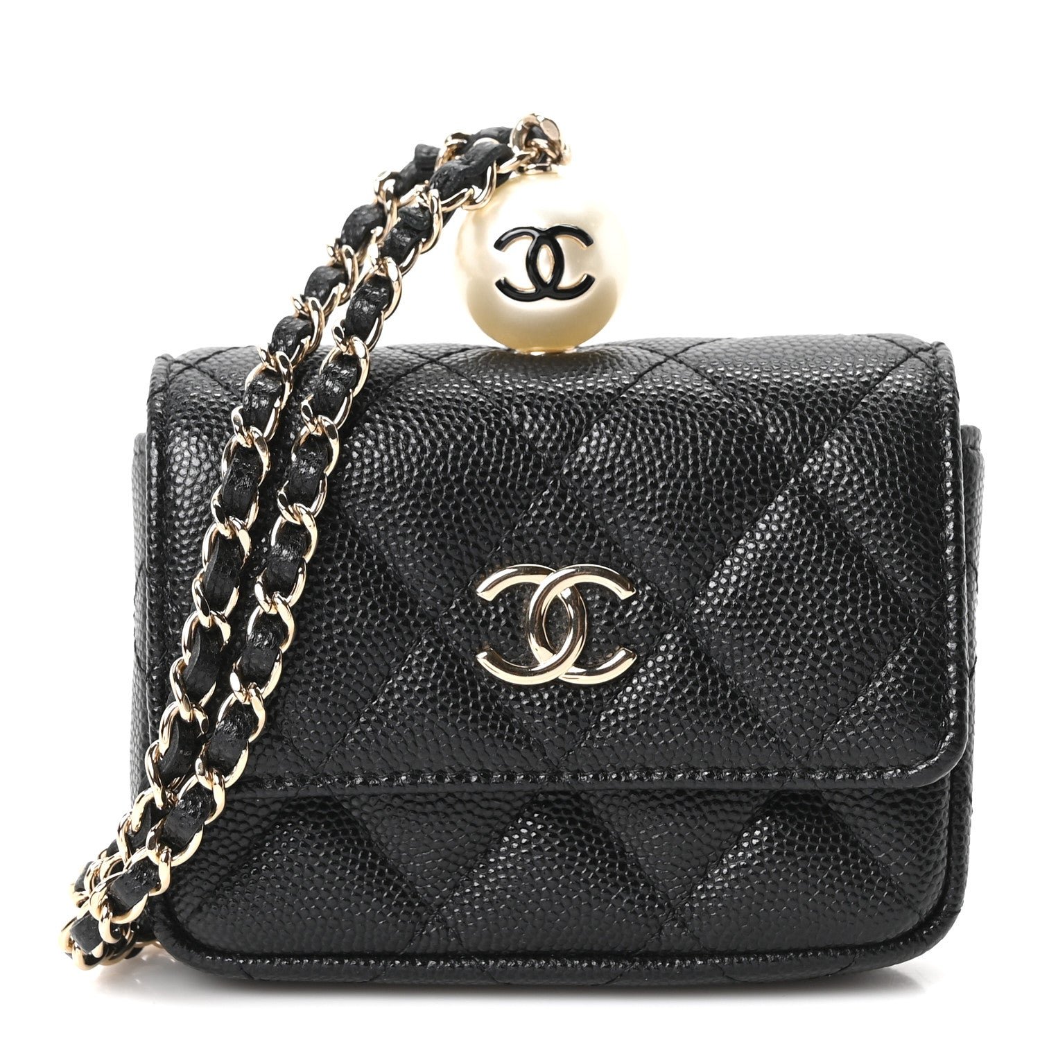 Chanel Caviar Quilted Mini Pearl On Top Coin Purse With Chain Black