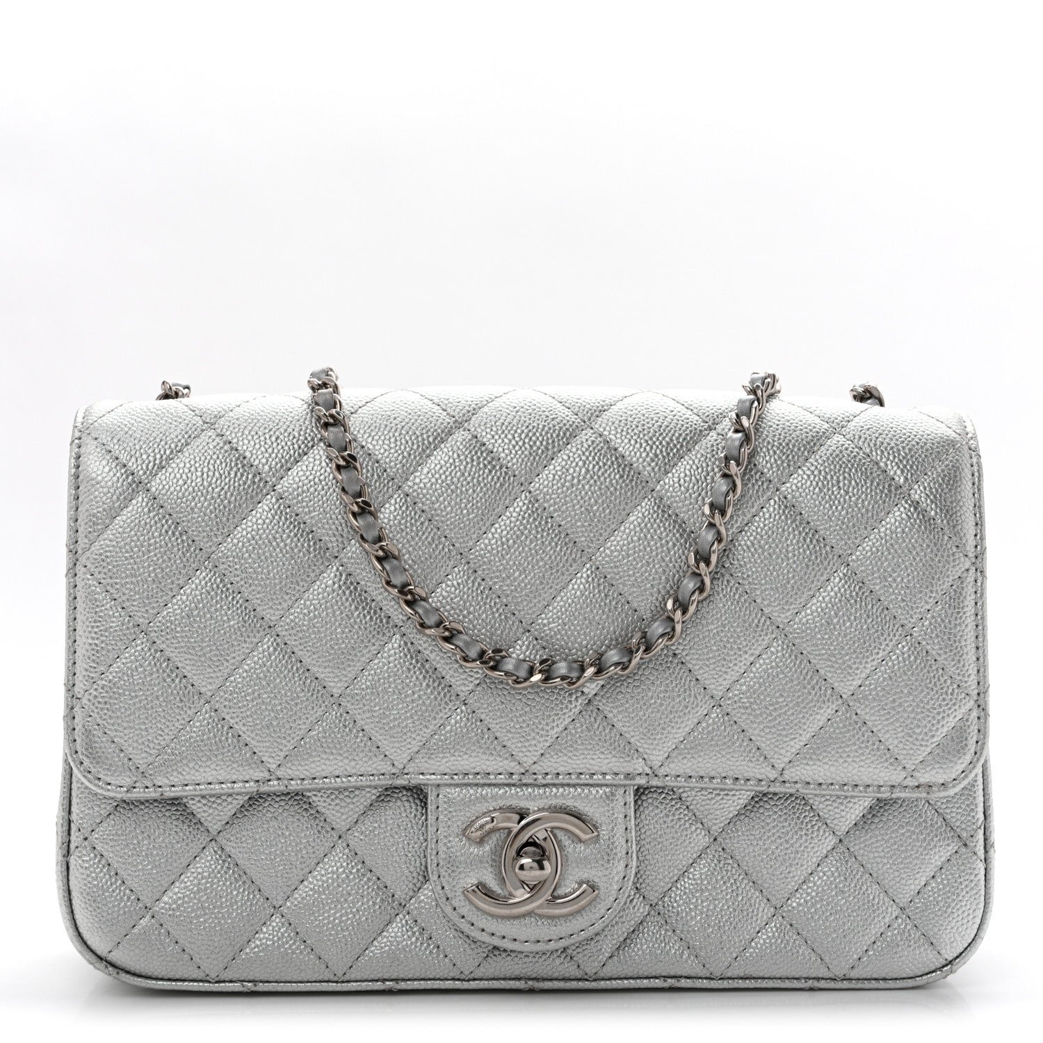 Chanel Metallic Caviar Quilted Medium CC Slide Flap Silver