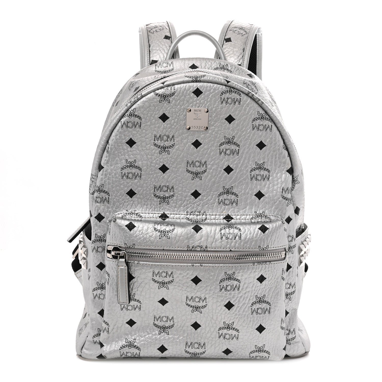 MCM Metallic Visetos Medium Side Stud Stark Backpack Berlin Silver
