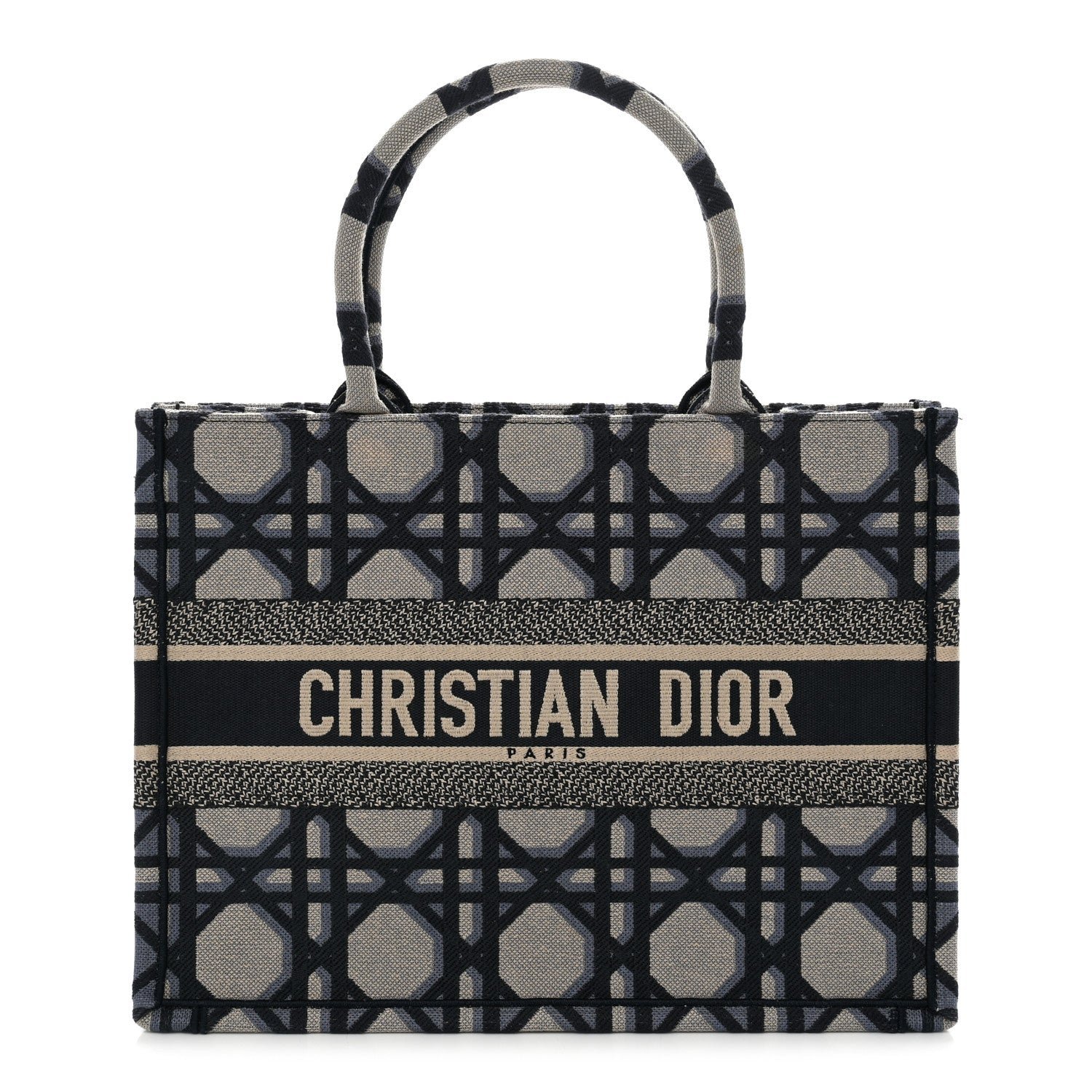 Christian Dior Canvas Macrocannage Embroidered Medium Book Tote Beige Blue