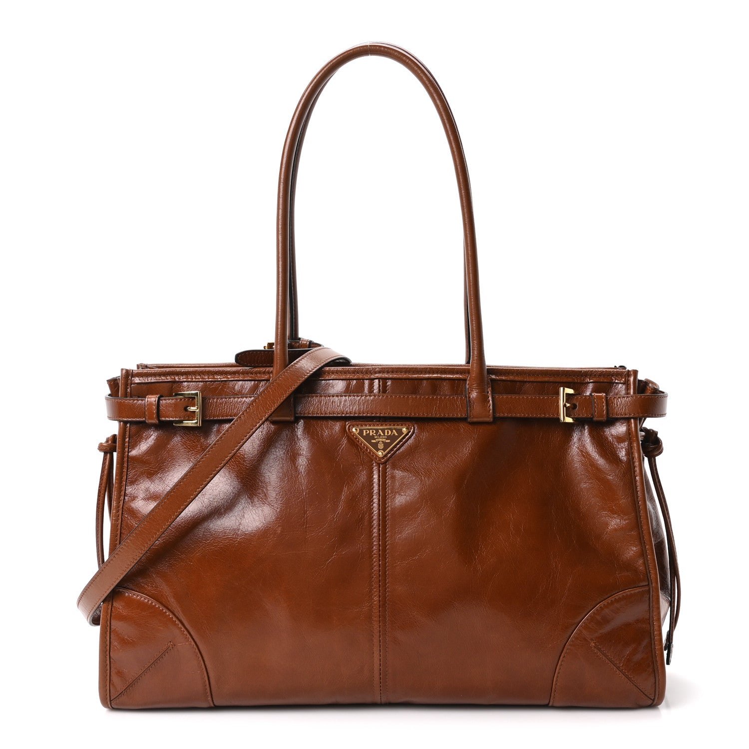 Prada Glossy Calfskin Triangle Large Bonnie Shoulder Bag Palissandro