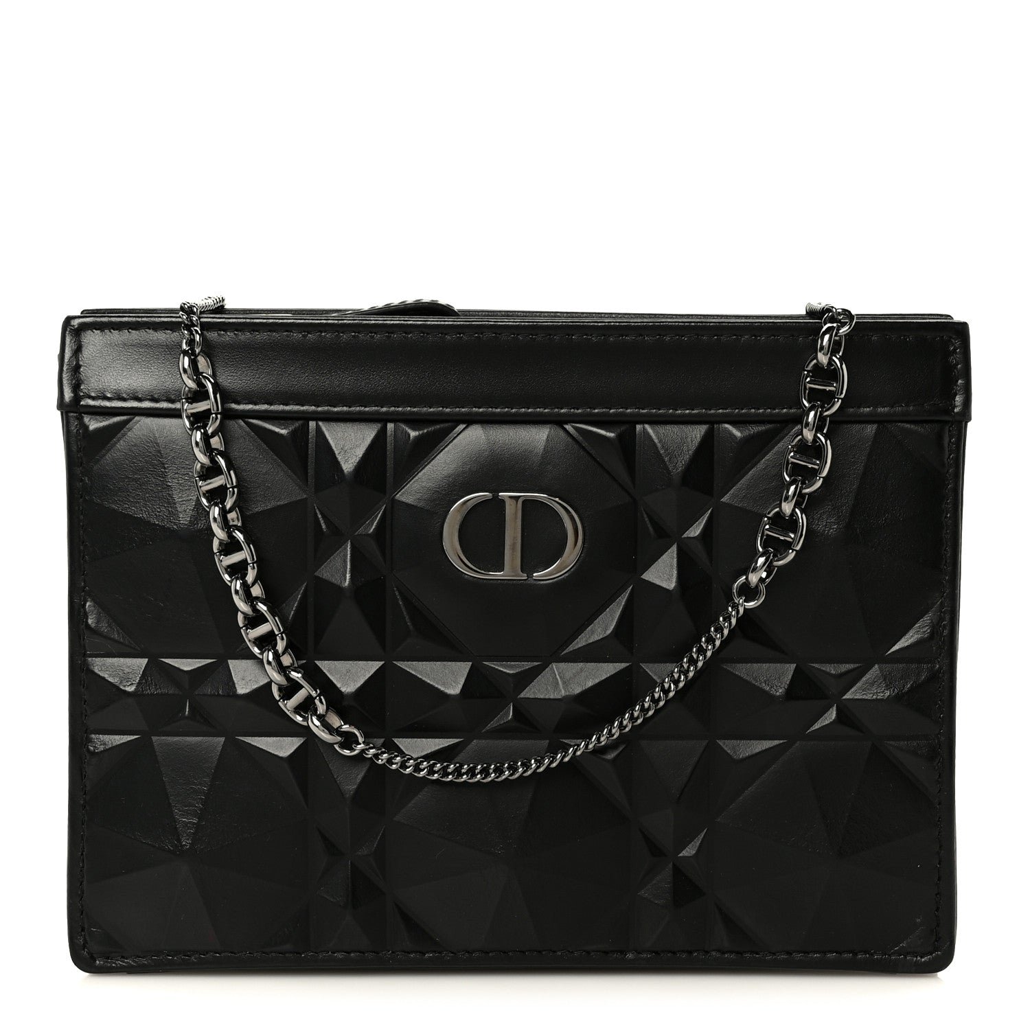 Christian Dior Calfskin Macrocannage Diamond Caro Zipped Pouch With Chain Black