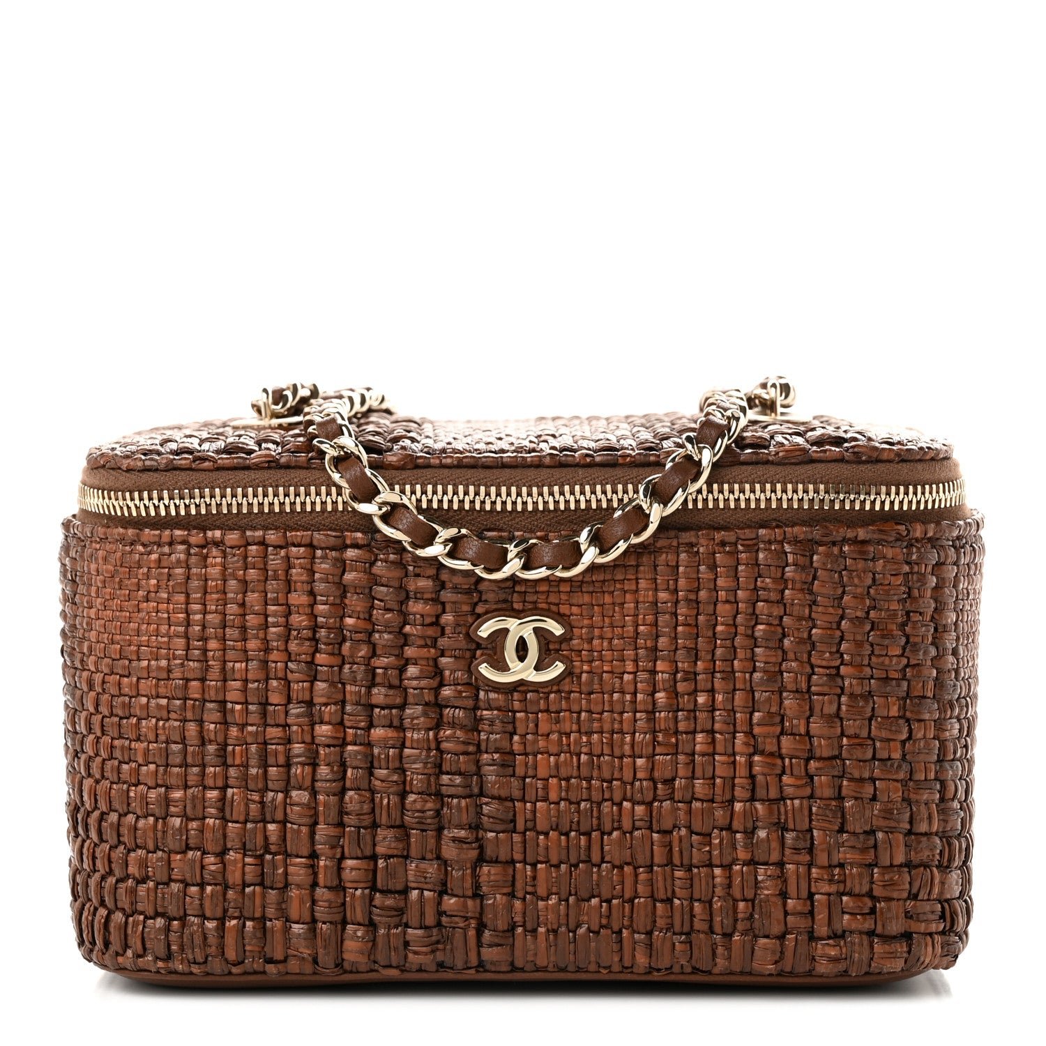 Chanel Braided Raffia Vanity Case With Chain Brown
