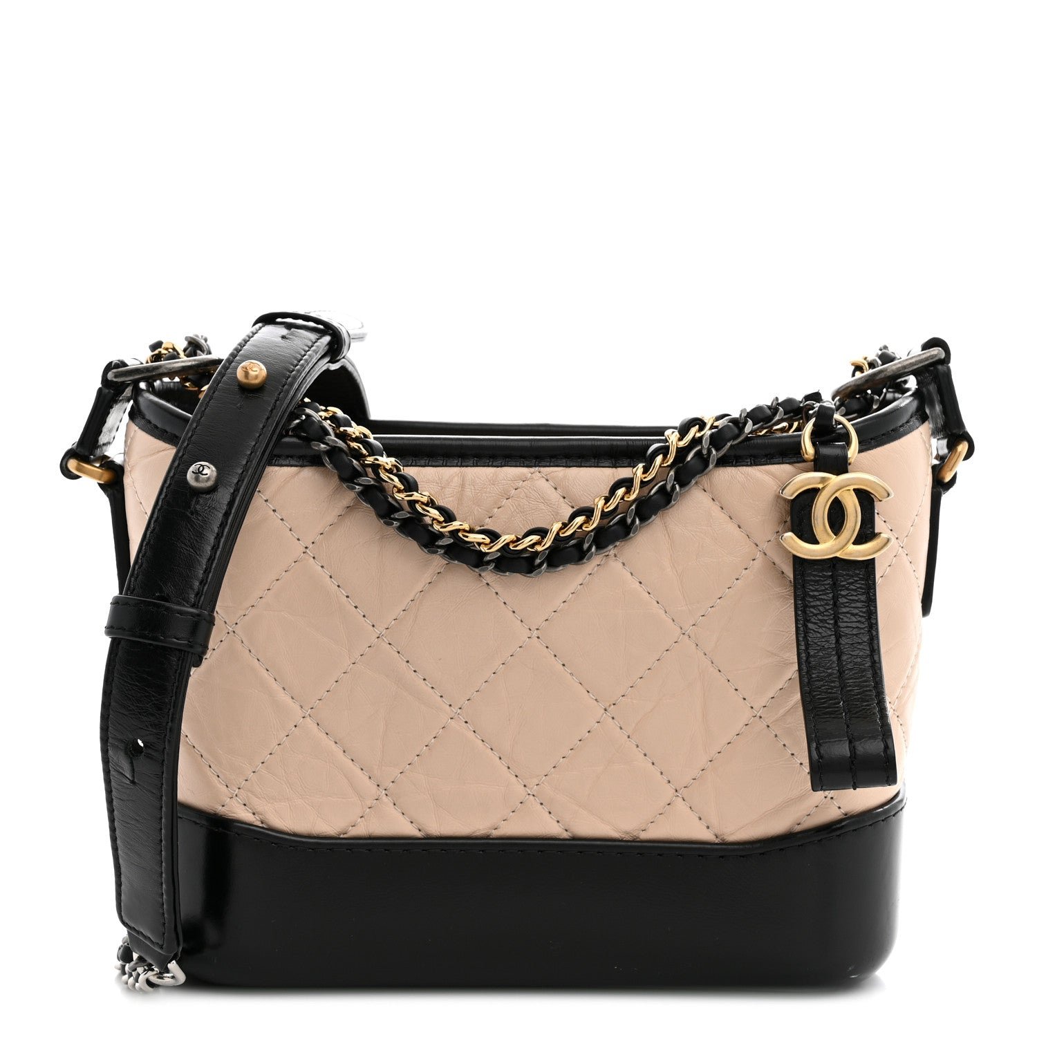 Chanel Aged Calfskin Quilted Small Gabrielle Hobo Beige Black