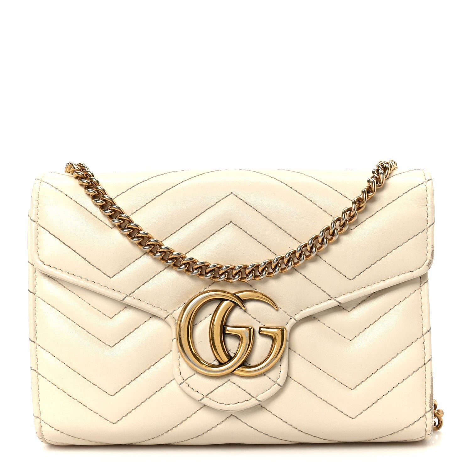 Gucci Calfskin Matelasse GG Marmont Chain Wallet Mystic White