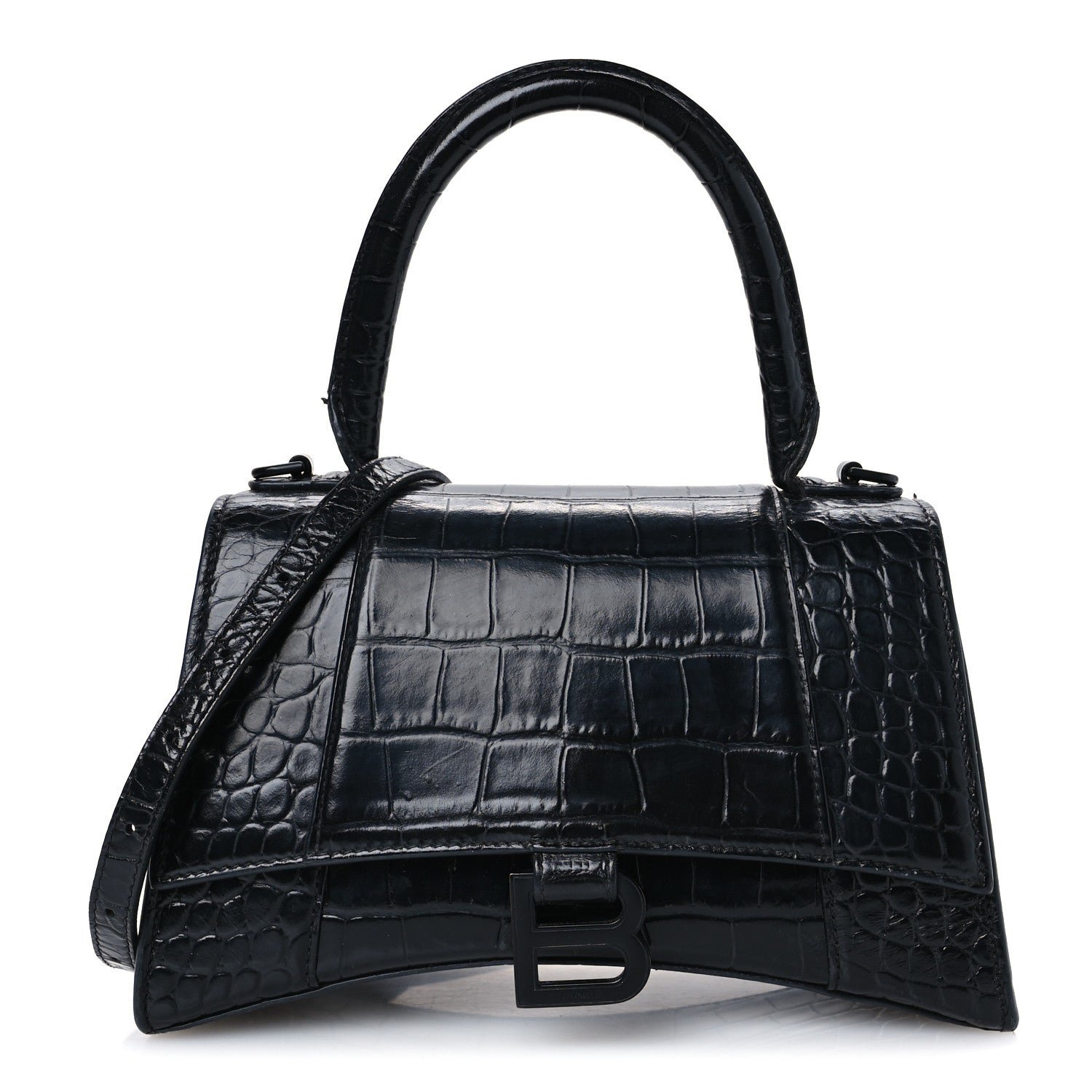 Shiny Calfskin Monochrome Crocodile Embossed Small Hourglass Top Handle Bag Black