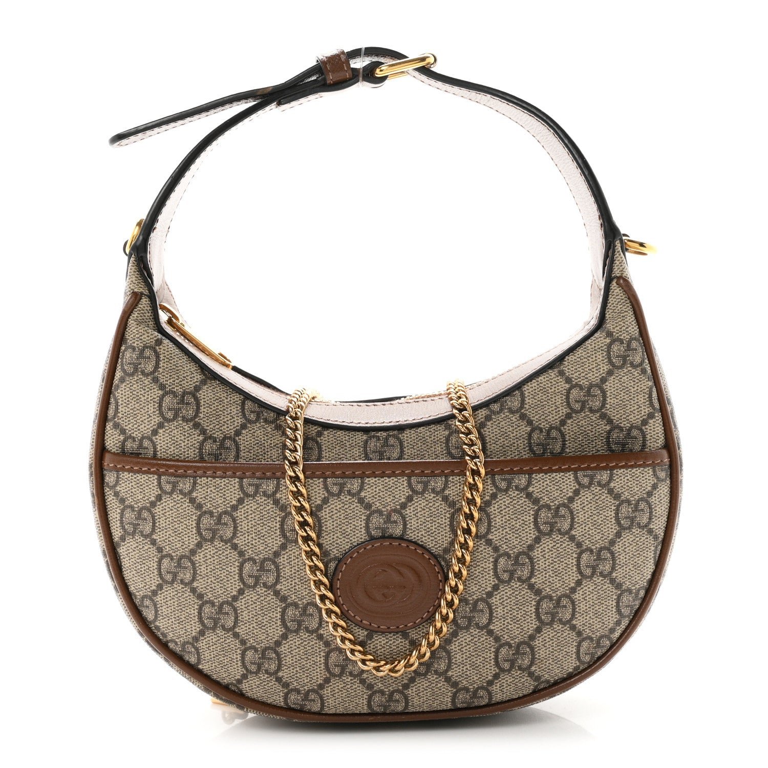 Gucci GG Supreme Monogram Azalea Calfskin Mini Retro Interlocking G Half Moon Bag Beige Ebony Brown Sugar