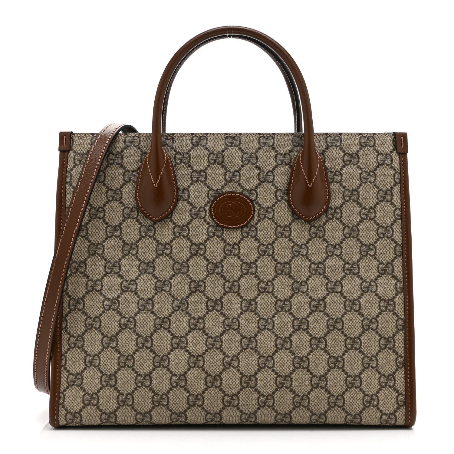 Gucci GG Supreme Monogram Azalea Calfskin Small Retro Interlocking G Tote Bag Beige Ebony Brown Sugar